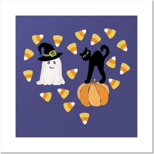 Cute Halloween Black Cat Pumpkin Ghost and Witch Hat in Heart Posters and Art